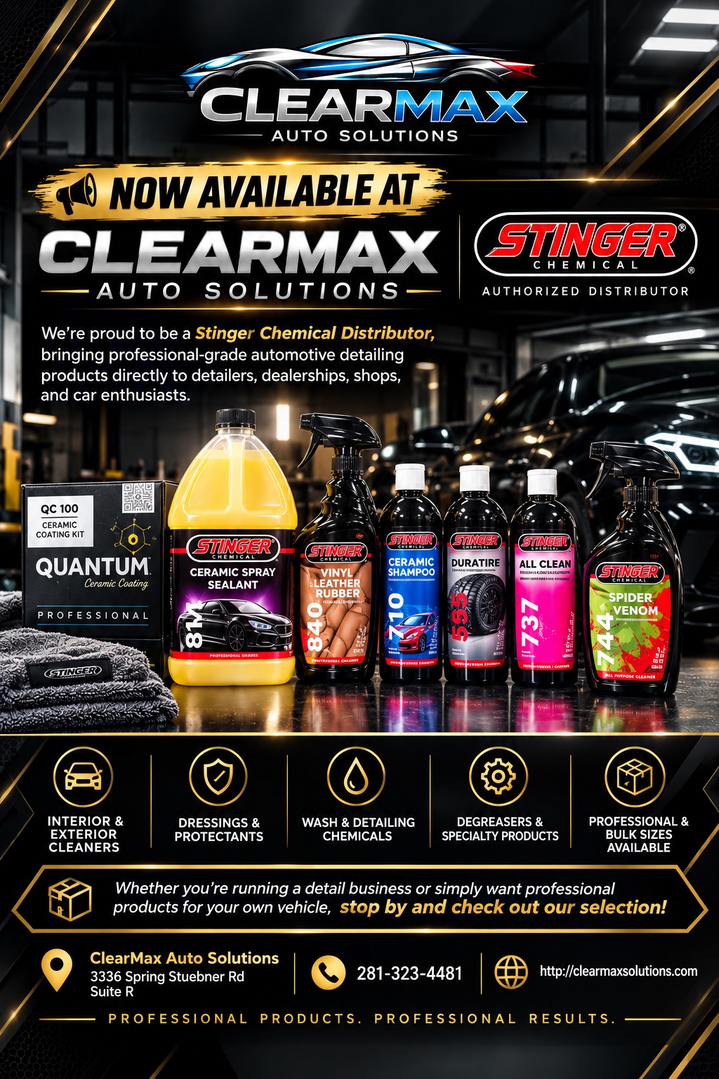 Complete flyer announcing Stinger Chemical products at ClearMax Auto Solutions